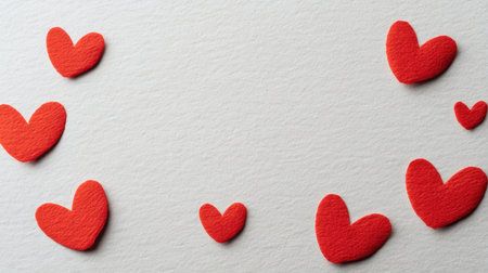 Bright red hearts scattered across a textured white background evoke feelings of love and joy. Perfect for use in art projects or romantic celebrations, this image adds charm.の素材