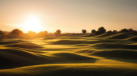 A stunning golf course landscape captured at sunset, showcasing rolling green hills bathed in warm light, creating a tranquil and serene outdoor scene.の素材