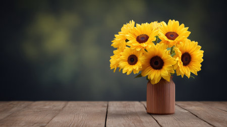 A stunning arrangement of vibrant sunflowers in a wooden vase sits on a rustic table, creating an inviting atmosphere with a soft blurred background perfect for home decor.の素材