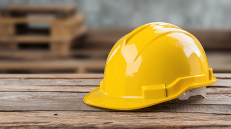 A bright yellow safety helmet resting on a wooden surface, symbolizing protection and safety in construction. Ideal for themes of work environments and industry practices.の素材