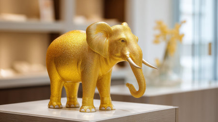 A beautiful golden elephant figurine stands proudly on a display stand, illuminated by soft natural light, enhancing its intricate details and luxurious appeal.の素材