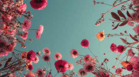 A stunning overhead view of vibrant blooms in shades of pink and yellow, contrasting against a clear blue sky, creating a serene and cheerful atmosphere.の素材