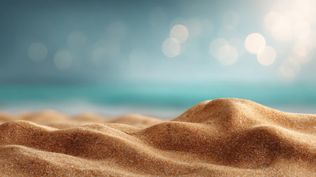 Close-up view of soft sand dunes on a serene beach with gentle ocean waves and bright sunlight creating a peaceful atmosphere, ideal for vacation and relaxation themes.の素材