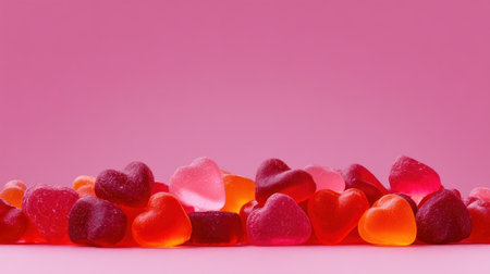A collection of colorful heart-shaped gummy candies arranged against a soft pink background, perfect for evoking feelings of love, joy, and celebration in any design project.の素材