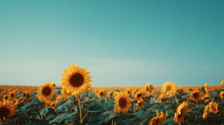 A stunning view of a sunflower field bursting with vibrant yellow blooms under a clear blue sky, ideal for nature-themed projects or agricultural marketing.の素材