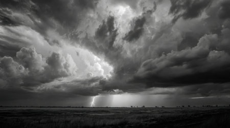 A powerful black and white photograph capturing a dramatic lightning strike over dark storm clouds in a vast open landscape, evoking emotions of awe and nature's raw energy.の素材