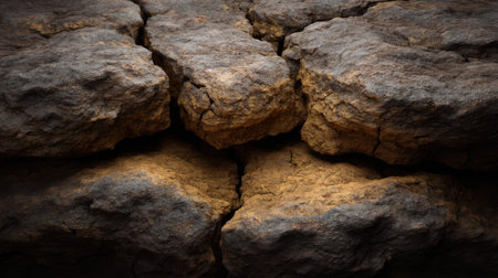 A detailed view of cracked stone featuring an interplay of earthy colors and textures, ideal for use in design projects focusing on nature, geology, or abstraction.の素材
