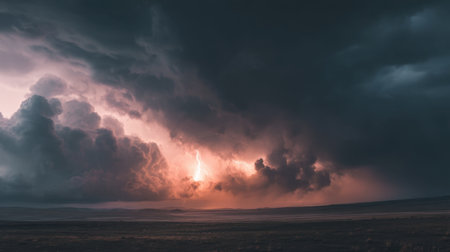 This striking image captures a stormy sky at sunset with ominous dark clouds and a flash of lightning, showcasing the beauty and power of nature in a vast landscape.の素材