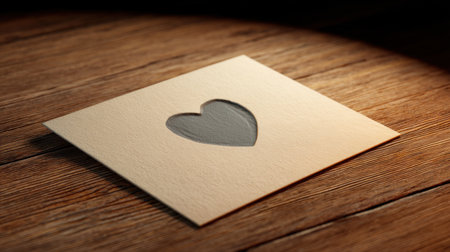 A simple yet elegant paper card featuring a heart cutout, illuminated by soft light, set against a warm wooden background, ideal for conveying love and creativity.の素材