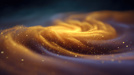 Captivating abstract image featuring a swirl of golden light and sparkling particles, perfect for conveying elegance, creativity, and otherworldly beauty in design projects.の素材