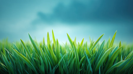 Captivating close-up of vibrant green grass swaying gently under a soft blue sky. This serene landscape captures the essence of nature and tranquility.の素材