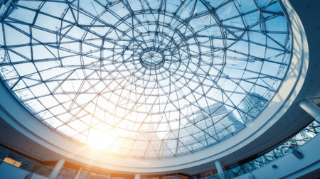 Stunning view of a modern glass dome highlighting intricate design elements while allowing natural light to flood an urban interior space, creating a vibrant atmosphere.の素材