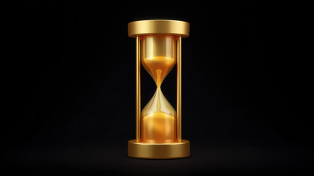 This stunning image features an elegant hourglass with a golden frame, showcasing flowing sand against a dark background, symbolizing the passage of time in a luxurious way.の素材