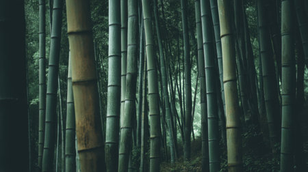 Experience the serene beauty of a lush bamboo forest featuring tall green stalks enveloped in mist, creating a peaceful atmosphere perfect for relaxation and reflection.の素材