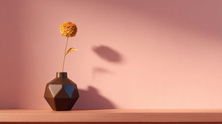 This image features a minimalist aesthetic of a geometric black vase with a yellow flower, casting a delicate shadow against a soft peach wall. Ideal for modern decor.の素材