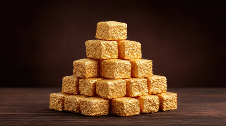 A stunning arrangement of gleaming gold bars stacked in a pyramid shape on a wooden surface, illustrating a theme of luxury, wealth, and opulence.の素材
