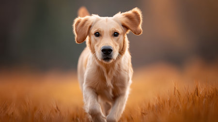 A cheerful golden retriever puppy bounds through a field of golden grass, embodying the spirit of adventure and playfulness in a serene outdoor landscape.の素材