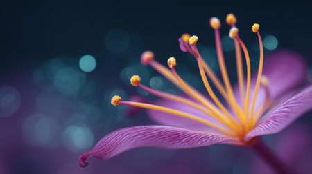 This stunning close-up photo showcases a vibrant purple flower with delicate yellow stamen, set against a dreamy bokeh backdrop, perfect for nature-themed projects.の素材