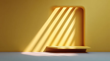 A bright and inviting interior scene featuring a yellow wall, geometric window, and soft sunlight casting dynamic shadows, perfect for modern design inspiration.の素材