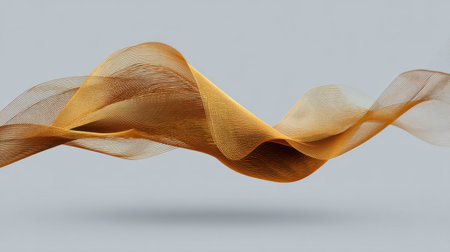 This artwork showcases flowing lines in warm gold tones, creating a dynamic sense of motion and elegance against a smooth gray backdrop, ideal for creative projects.の素材
