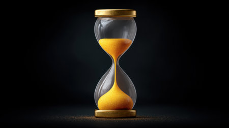 This artistic hourglass displays yellow sand flowing gracefully between two glass chambers, representing the precious nature of time and the inevitability of change.の素材
