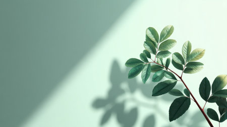 A serene composition featuring a green leaf branch casting soft shadows against a pastel background, perfect for minimalistic decor and nature-themed projects.の素材