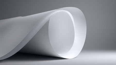 This image features an elegant roll of white paper forming a soft curve against a minimalistic grey background, highlighting themes of simplicity and modern design.の素材