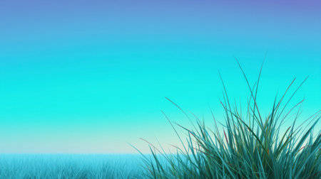 This image captures a serene landscape featuring vivid blue skies and lush green grass at dusk, creating a peaceful environment perfect for relaxation and tranquility.の素材