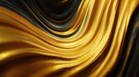 This abstract image features elegant flowing gold and black waves with a smooth texture that adds depth and richness, ideal for various creative projects.の素材