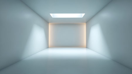 This image depicts a minimalist empty interior space featuring soft natural light from a skylight, creating an elegant and tranquil atmosphere perfect for artistic displays.の素材