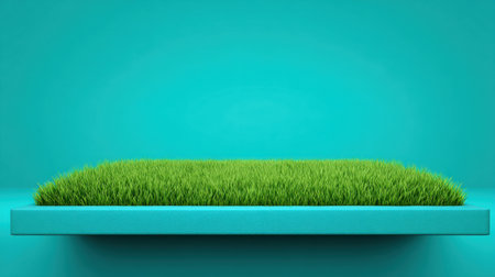 Bright green grass on a blue shelf creates a fresh and modern look, perfect for design projects or decoration ideas focused on nature and tranquility.の素材