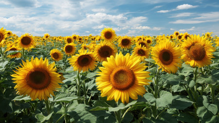 Explore a stunning sunflower field bursting with vibrant yellow blooms under a beautiful blue sky. A perfect representation of summer's beauty and natural joy.の素材