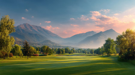 A picturesque golf course under a stunning sunset, featuring rolling green meadows, majestic mountains, and a colorful sky, perfect for nature enthusiasts and leisure seekers.の素材