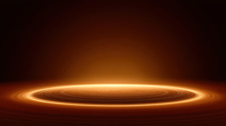 A mesmerizing ethereal light ring hovers above a smooth surface, radiating a warm glow against a dark backdrop, perfect for abstract and conceptual themes.の素材