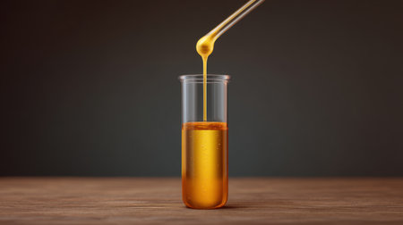 This image features a glass pipette delicately releasing a viscous golden liquid into a clear test tube, set against a rustic wooden background for a dramatic effect.の素材