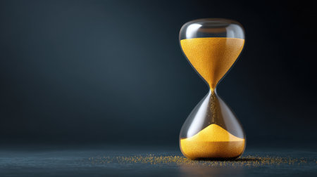 An elegant hourglass filled with golden sand, elegantly positioned against a dark background, symbolizes the passage of time, blending modern design with timeless elements.の素材