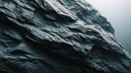 This image captures a detailed close-up of a textured gray rock surface, showcasing unique patterns and shadows that emphasize the beauty of natural geological formations.の素材