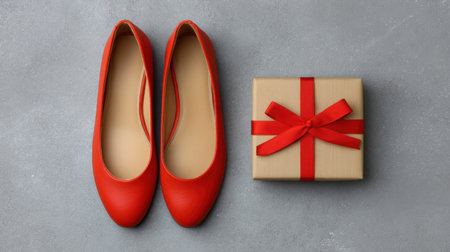 A vibrant display featuring stylish red flats alongside a neatly wrapped gift box adorned with a red ribbon, set against a soft gray background, ideal for festive themes.の素材
