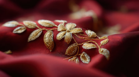 This close-up image showcases a rich red fabric adorned with delicate golden floral embroidery, perfect for textile design and fashion inspiration.の素材