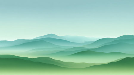 Explore this serene abstract landscape featuring layers of green mountains blended under a calm sky, ideal for tranquil backgrounds or nature-inspired designs.の素材