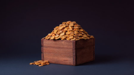 A beautifully crafted treasure box overflowing with shiny gold coins against a dark backdrop. This striking image symbolizes wealth, prosperity, and abundance, perfect for financial themes.の素材