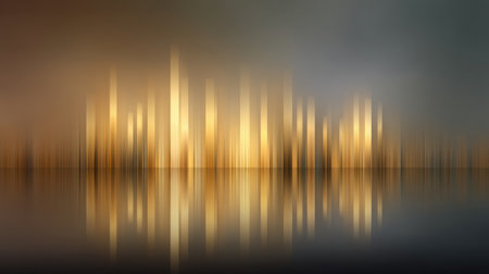 A mesmerizing abstract image showcasing golden light reflections on water, featuring blurred vertical lines against a soft gradient background, evoking serenity.の素材