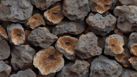 Captivating close-up of rough stones displaying unique patterns and earthy colors, ideal for nature-themed designs, backgrounds, and artistic projects, showcasing natural beauty.の素材