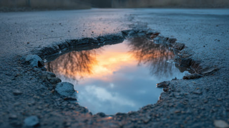 A captivating puddle reflects a colorful sunset against a paved road, highlighting the beauty of nature amidst urban elements. This scene captures tranquility.の素材