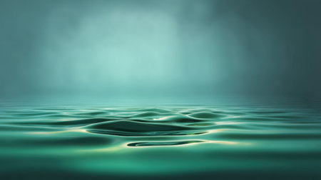 A serene image showcasing a calm water surface with gentle ripples, illuminated in soft blue and green hues, ideal for relaxation and meditation themes.の素材
