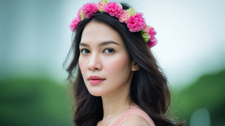 A captivating portrait of a young woman adorned with a vibrant flower crown, radiating beauty and elegance in a serene outdoor setting with soft natural light.の素材