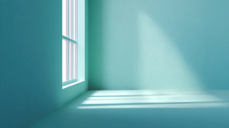 A serene interior scene featuring a blue-toned room illuminated by soft natural light filtering through a minimalist window, creating an atmosphere of tranquility.の素材