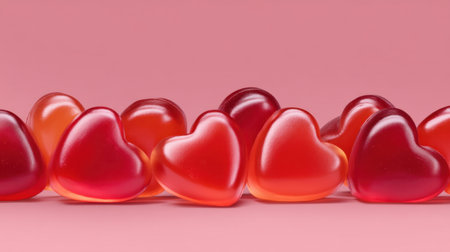 A vibrant arrangement of heart-shaped gummies against a soft pink background, perfect for evoking feelings of love and joy during celebrations and special moments.の素材