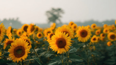 A picturesque view of a sunflower field bathed in soft sunlight, showcasing vibrant yellow flowers and lush green leaves, offering a serene touch of nature's beauty.の素材