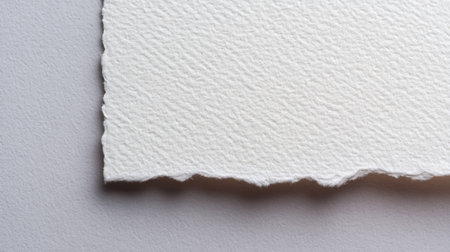 This image showcases a close-up view of a blank white watercolor paper with uneven edges, set against a soft gray background, ideal for various artistic uses.の素材